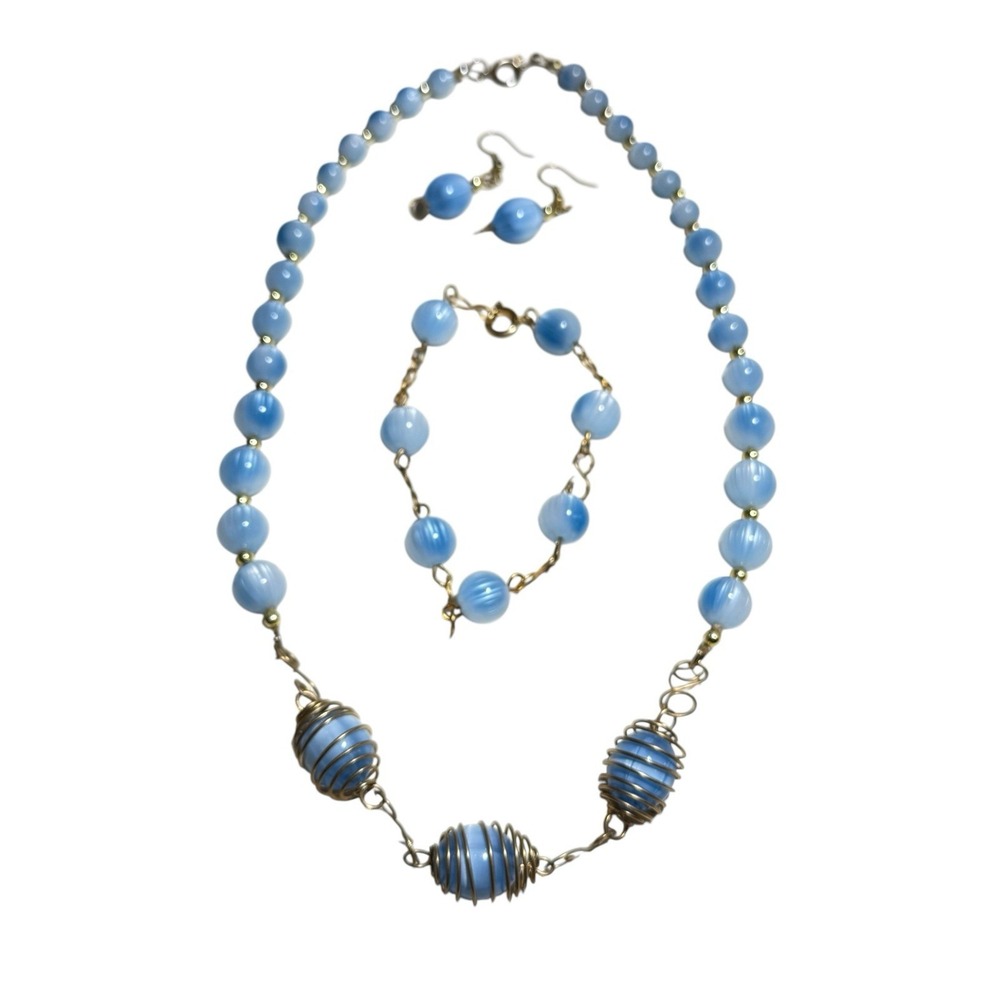Vtg Blue Cat's Eye Bead Jewelry Set Necklace Bracelet Earrings Wire Wrapped